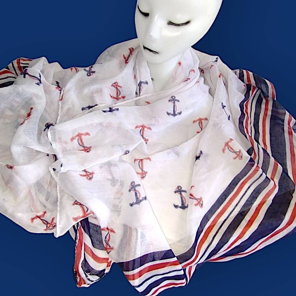 J Crew Large Scarf Wrap Sarong Red White Blue Nauticial Preppy Coastal July‎ 4th